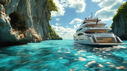Obraz premium A luxurious yacht anchored in clear turquoise waters near lush cliffs under a bright sky.