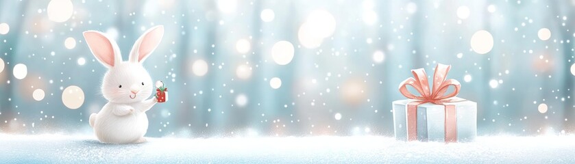 A playful rabbit hopping through a snowcovered forest, holding a tiny Christmas gift with a bright festive background and space for text