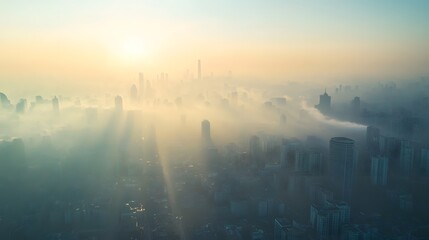 Obraz premium A hazy cityscape at sunrise, showcasing buildings shrouded in fog, with soft light filtering through creating a serene atmosphere.