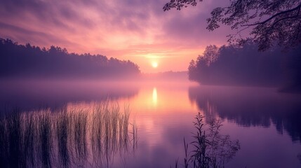 Fototapeta premium Sunrise over a Misty Lake