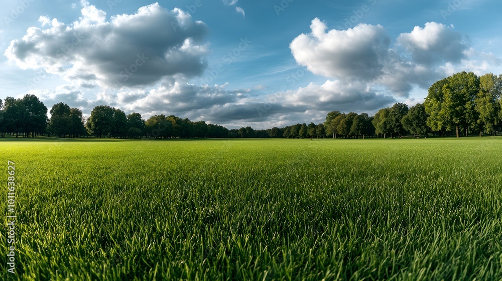 Wall mural a vast green field under a blue sky adorned with fluffy clouds, surrounded by trees, creating a sere