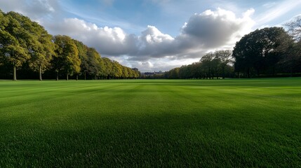 A vast green field bordered by trees under a cloudy sky, showcasing a serene, natural landscape.
