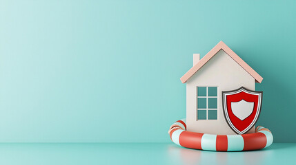 3D house on lifebuoy with shield symbolizes safety and protection. This creative representation highlights importance of safeguarding homes in visually appealing way