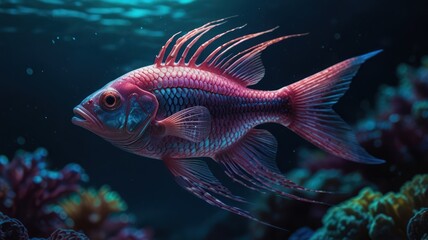 Fototapeta premium A vibrant red and blue fish swims through a coral reef with a dark blue background.