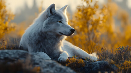 Obraz premium White Wolf Resting on Rocks in a Golden Field Illustration