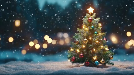 Obraz premium Christmas tree with twinkling lights and colorful ornaments in winter wonderland. Seasonal cheer concept.