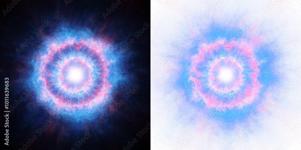 Poster bright, circular energy explosion with glowing red and blue layers, resembling a cosmic phenomenon, 
