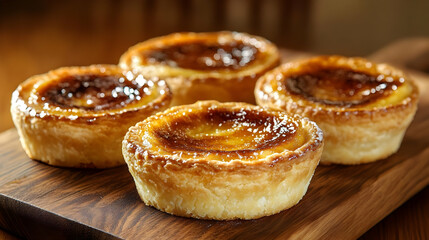 Fototapeta premium Golden Brown Custard Tarts on Wooden Cutting Board, Delicious Pastry Treats with Flaky Crust and Sweet Filling.