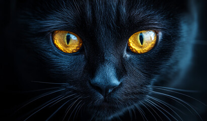 Mysterious black cat with striking yellow eyes. A black cat with captivating yellow eyes gazes intensely, showcasing its sleek fur and enigmatic presence in low light.