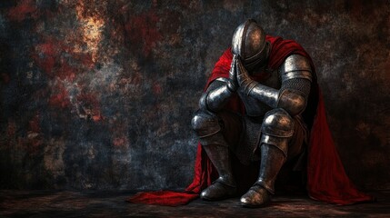 A solemn knight in armor, seated with head bowed, reflecting a moment of contemplation.
