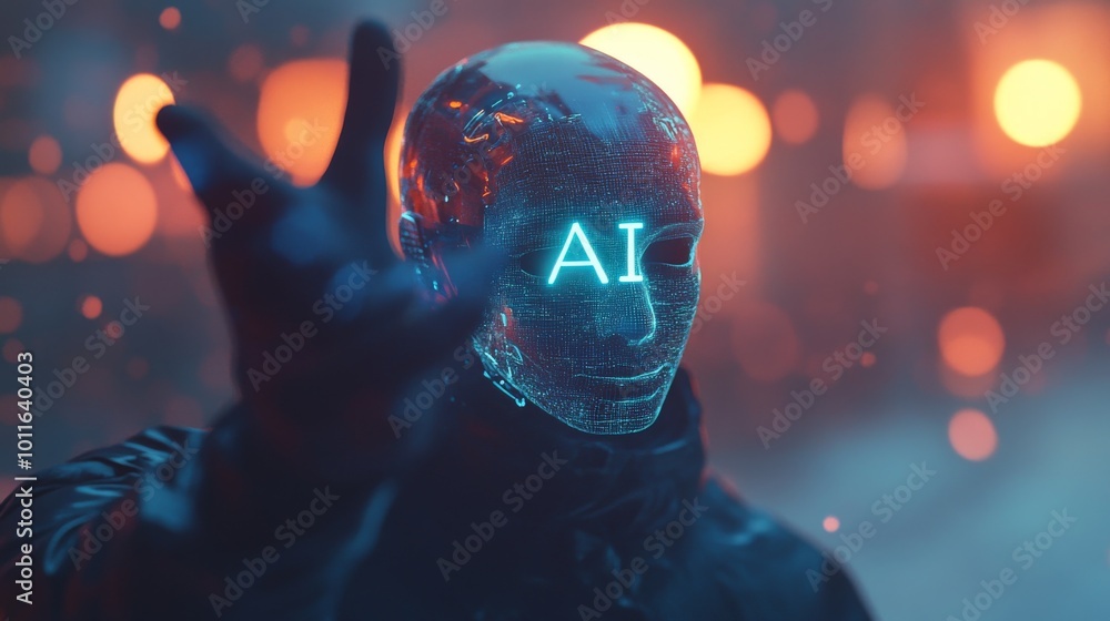 Poster a digital representation of an ai figure, with illuminated letters ai on its face, extends its hand 