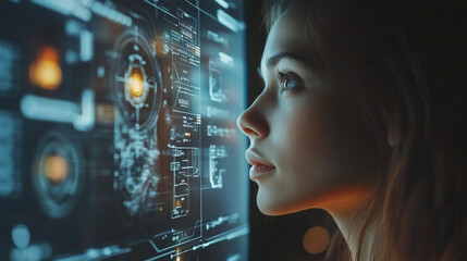 Naklejka premium Young woman focused on a futuristic interface illuminated in a dark environment