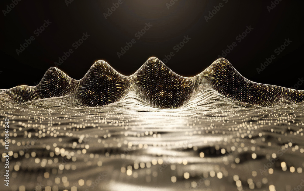 Poster abstract golden waves on dark background at night. an intricate pattern of golden waves undulates ag