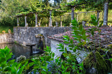 Ancient stone construction with columns and vine plants that are rolled up to make a passage, Pazo de Oca, Galicia