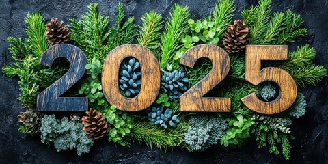 A creative and festive image featuring rustic wooden numbers displaying the year 2025 against a rich backdrop of diverse greenery and pinecones