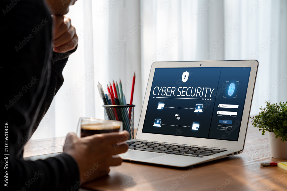 Poster cyber security system on computer screen protect private information snugly from hacker and cyber at