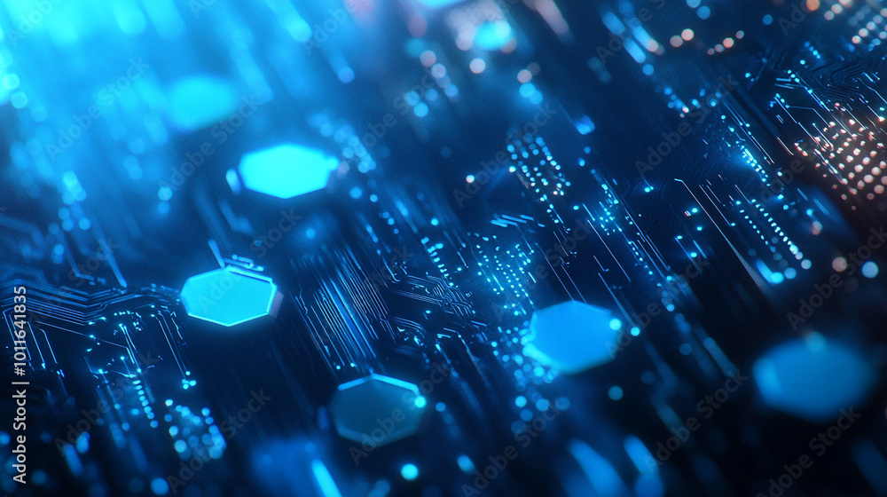 Poster abstract close-up of a glowing circuit board showcasing intricate electronic patterns and structures