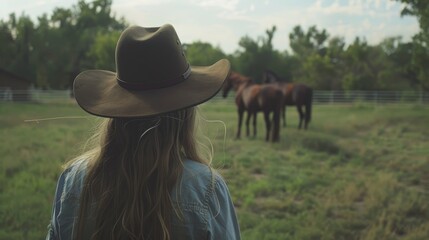 A person in a wide-brimmed hat observes horses in a lush, pastoral setting, filled with greenery and encapsulating a serene, countryside ambiance.