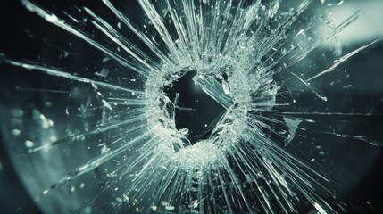 A close-up view of a shattered glass surface, showcasing intricate cracks and patterns.