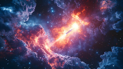 Fototapeta premium Spaceship Ascending Through Starry Nebula 3D Illustration