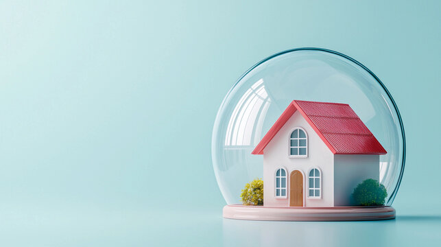 house under 3D glass dome symbolizes insurance and protection, showcasing safe and secure environment. This evokes feelings of safety and stability