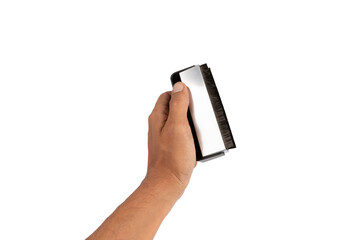 Male hand holding a vinyl brush cleaner for vintage records isolated on white background