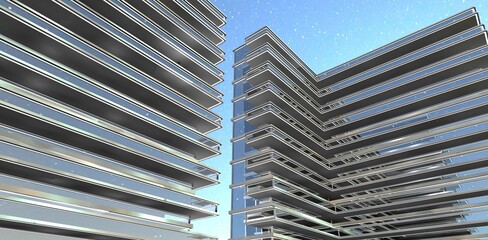 View from below of the rental apartment building facade against the night sky. Extended glass balconies. 3D rendering.