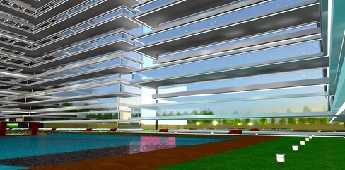 Evening at the new office center with a swimming pool. Several ground lamps on the lawn. View from below. 3D rendering.