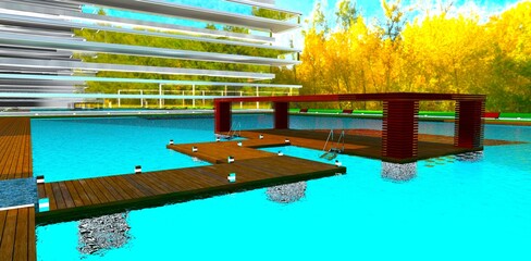Design of a spacious gazebo in the middle of a pool at a resort home, set against the backdrop of a sunny autumn park. 3D rendering.
