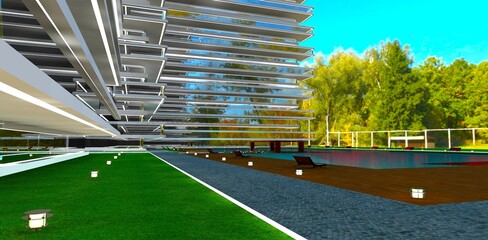 A shady, cozy courtyard of a modern condominium with its own pool in an autumn park. 3D rendering.
