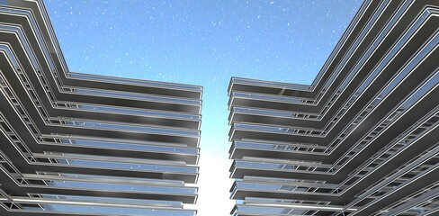 Bright full moon between the buildings of an advanced residential complex with elongated glass balconies. 3D rendering.
