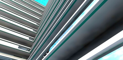 View from below of the corner facade of a modern condominium featuring ready-to-move-in apartments for family living. 3D rendering.