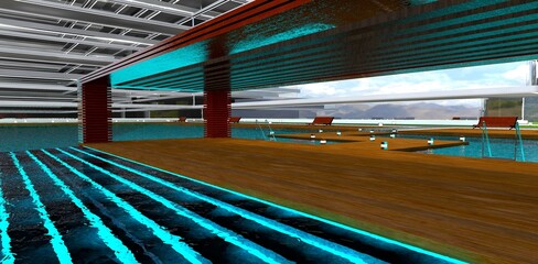 An empty wooden floor of an elegant patio in the middle of a turquoise pool with illuminated underwater stairs in the courtyard of a residential building. 3D rendering.