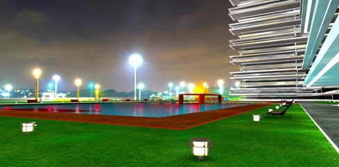 View from the courtyard of a modern condominium with a pool and lawn lamps towards the distant lights of the night city. 3D rendering.
