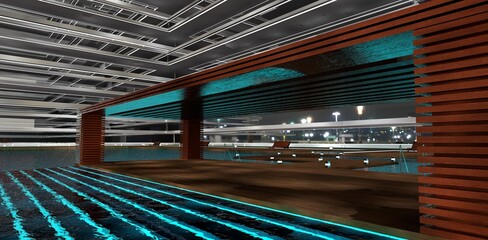 Design of an elegant wooden patio located in the pool of a luxury residential complex at night. 3D rendering.
