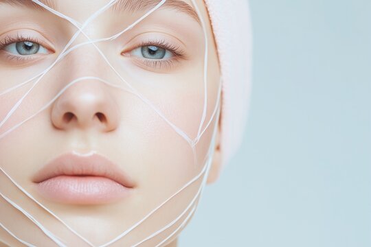 Portrait beautiful attractive charming woman with applied threads for facelift. peeling lotion mask moisturising highlighted parts of face line sketch. content for clinic, cosmetology service, beauty