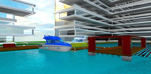 Motor yachts are docked at the wooden pier of an upscale residential complex on the shores of the Ionian Sea. 3D rendering.