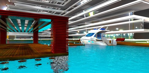 Mooring spot at the dock of an upscale home in San Francisco. Night view from the water. A white motorboat is waiting for its owner. 3D rendering.