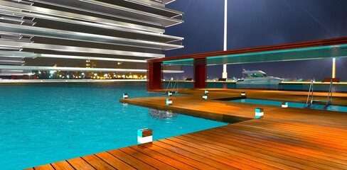 Night view of a wooden pier with a covered passenger drop-off area at a river port. 3D rendering.