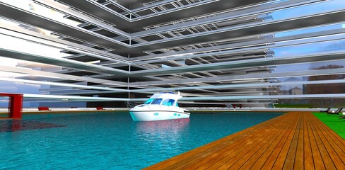 A light motor yacht is anchored in the docking area of an upscale residential complex, waiting for departure. 3D rendering.
