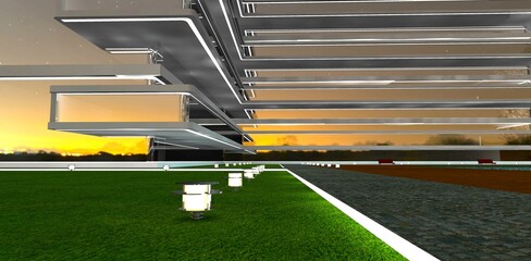Granite pedestrian pathway with a white border in the courtyard of a modern residential complex. The glass facade reflects the sunset. 3D rendering.