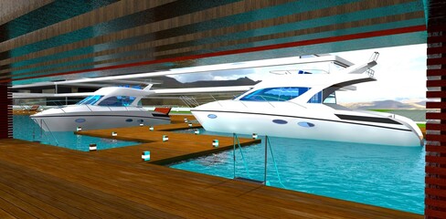 Light motorboat parking area. Wooden pier for convenient access for boat owners and hotel guests. 3D rendering.