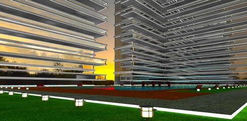 Conceptual design of the facade of a modern residential complex as seen from the inner courtyard. Ground-level lights along the pedestrian pathways at night. 3D rendering.