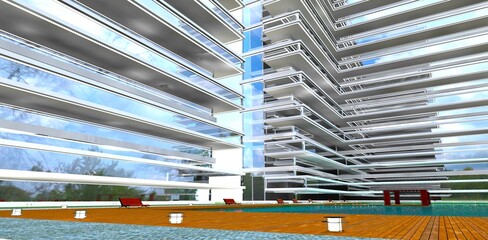 Exterior of a prestigious residential complex. View from the courtyard below. Benches surround the pool. 3D rendering.