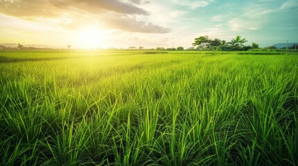 Obraz premium A lush rice field stretches into the horizon, bathed in the warm glow of a setting sun, embodying tranquility and the richness of nature’s harvest.