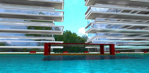 View from the pool towards a wooden gazebo in the inner courtyard of a newly completed residential building. 3D rendering.
