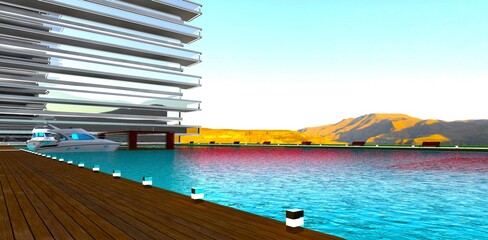 Pillars with lighting for docking light boats along the pier of a luxury waterfront residential complex against sunlit mountains. 3D rendering.