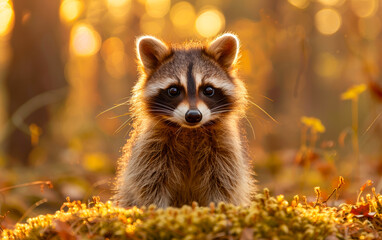 Raccoon resting in golden sunlight in a forest. A curious raccoon is positioned among soft moss, illuminated by warm golden light filtering through trees in the forest.