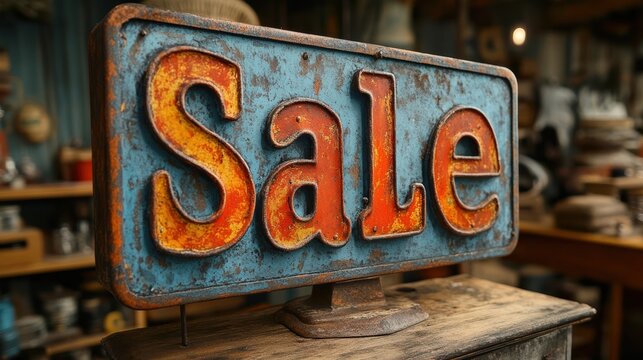 A weathered metal sign with the word Sale in bold, rusted letters, is displayed prominently in a vintage shop filled with various antique items