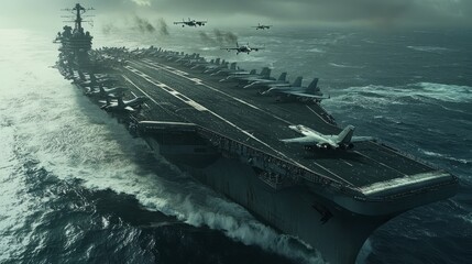 An impressive aircraft carrier sails through rough ocean waters during twilight, with military jets ready for launch amidst dark skies